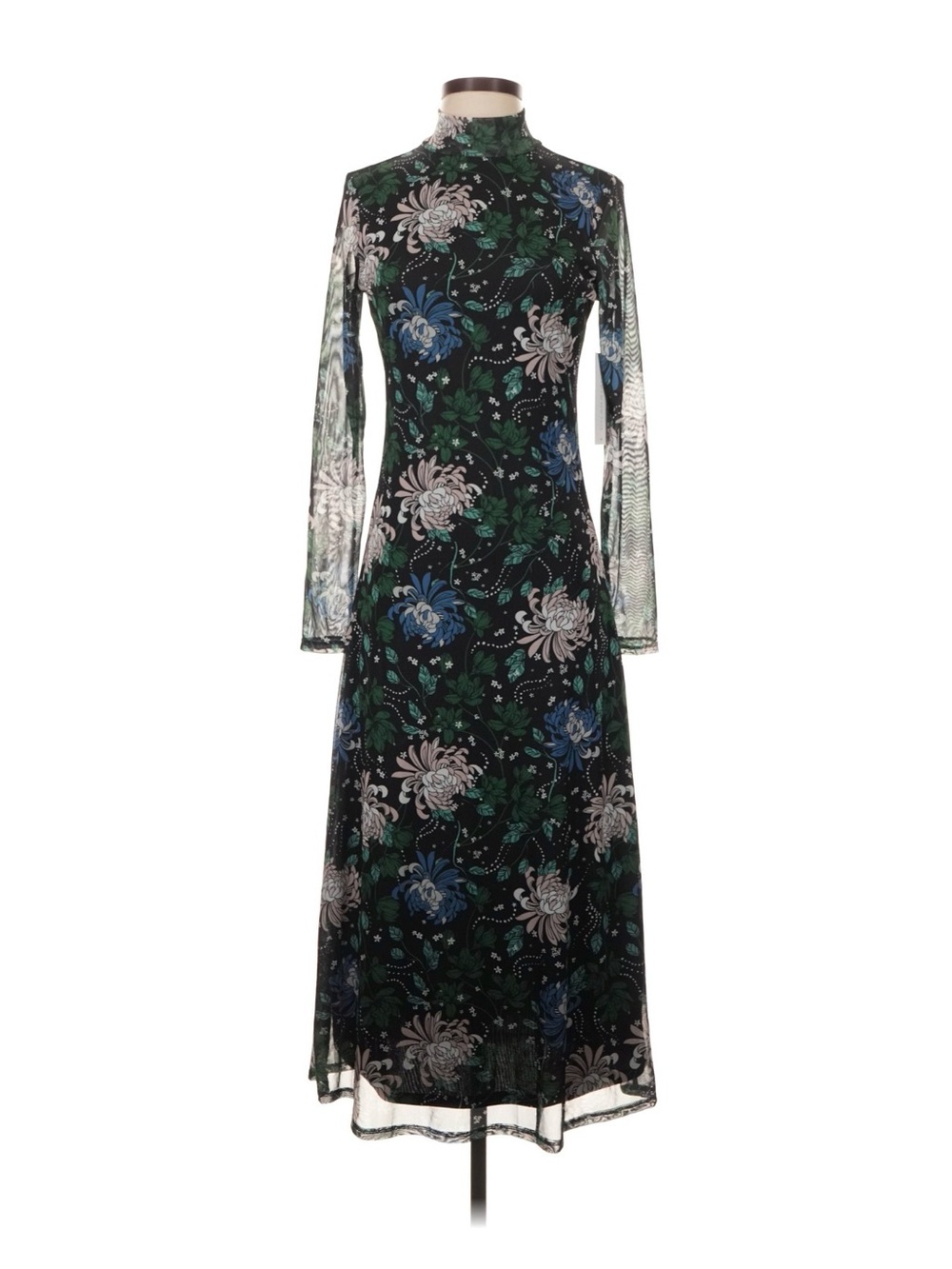 Mock-Neck Floral Mesh Long Sleeve Maxi Dress - Black/Green/Blue size Small